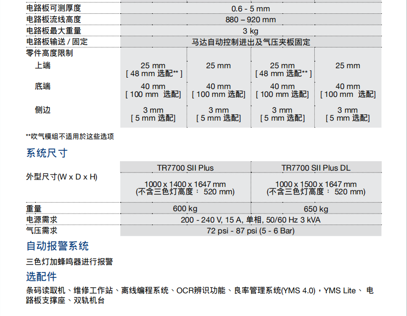 德律TR7700 在线型自动光学检测机参数 德律TR7700 在线型自动光学检测机参数
